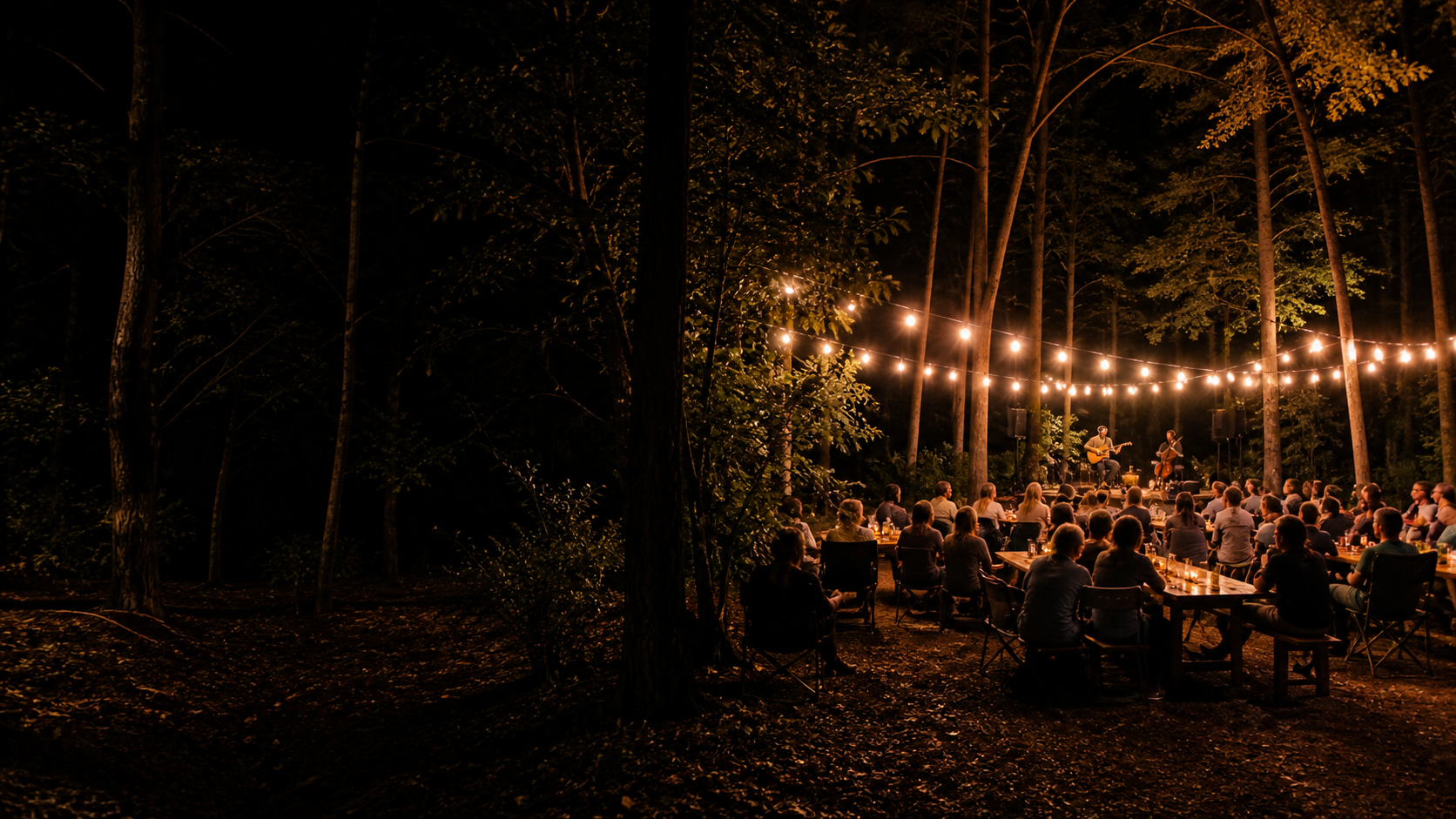 Magnolias Fest en un bosque iluminado con artistas y comunidad